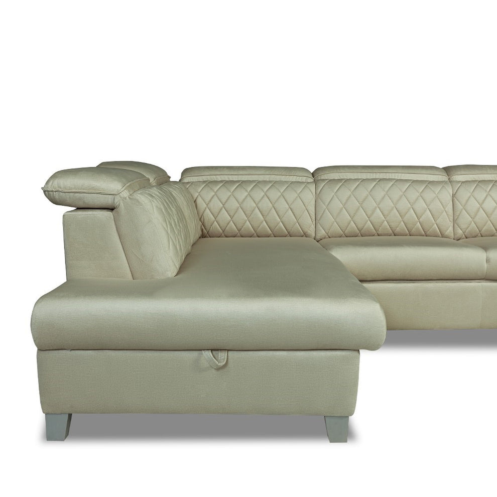 Coltar U Extensibil Cu Lada Tiago, Stanga, 6 Locuri, Tetiere Reglabile, Crem 330 Cm