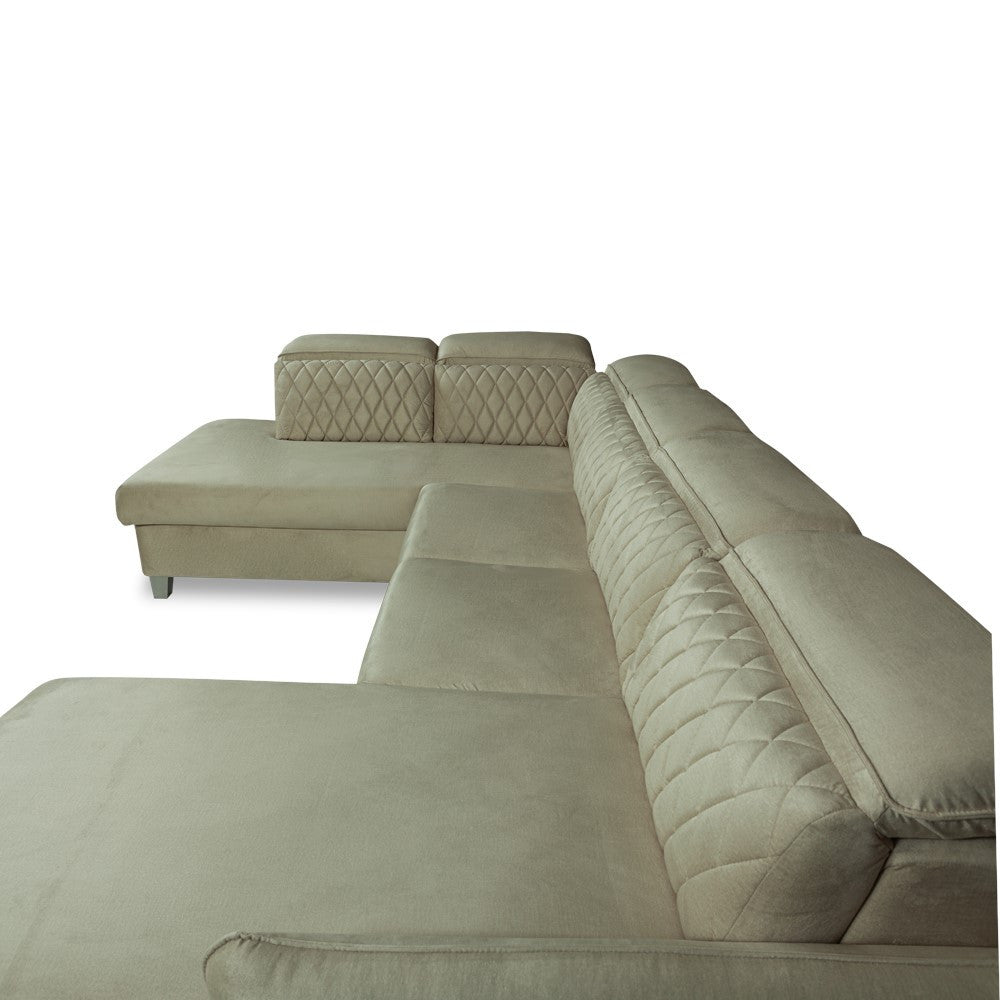 Coltar U Extensibil Cu Lada Tiago, Stanga, 6 Locuri, Tetiere Reglabile, Crem 330 Cm