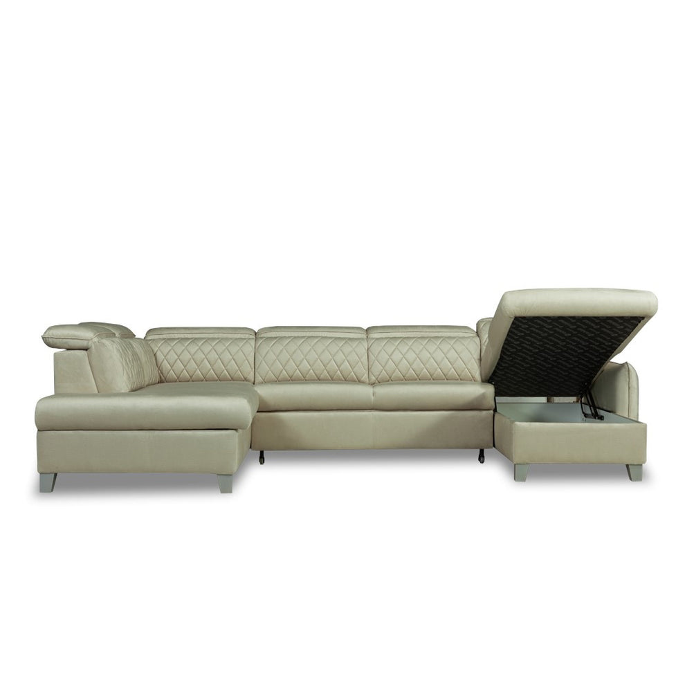 Coltar U Extensibil Cu Lada Tiago, Stanga, 6 Locuri, Tetiere Reglabile, Crem 330 Cm