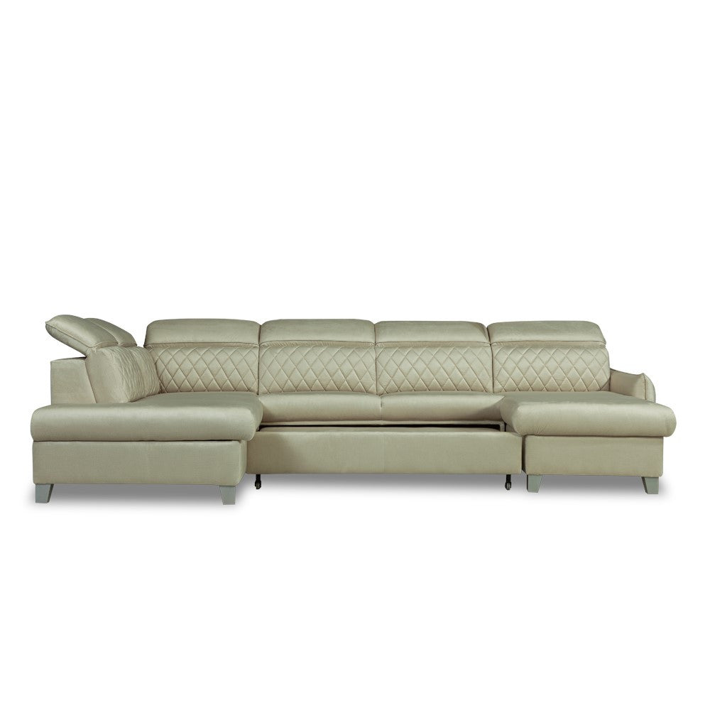 Coltar U Extensibil Cu Lada Tiago, Stanga, 6 Locuri, Tetiere Reglabile, Crem 330 Cm
