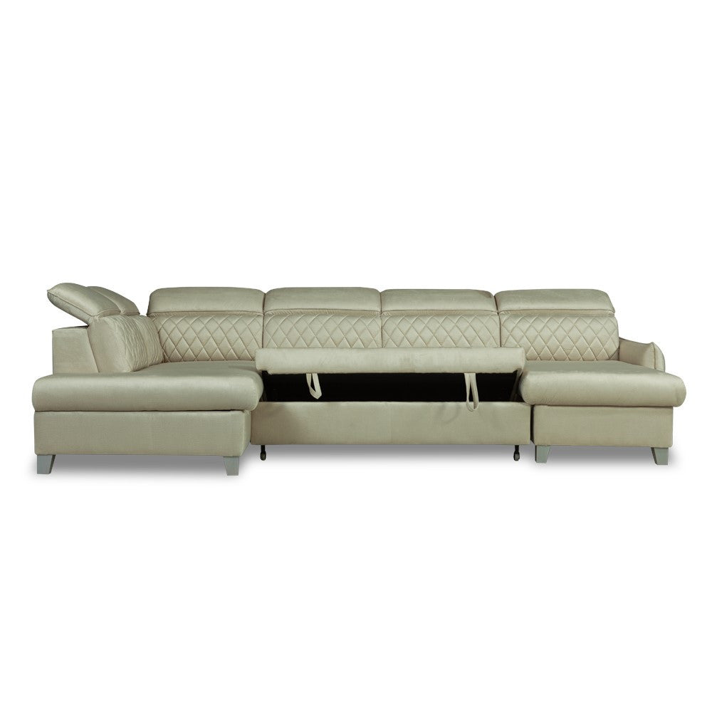 Coltar U Extensibil Cu Lada Tiago, Stanga, 6 Locuri, Tetiere Reglabile, Crem 330 Cm