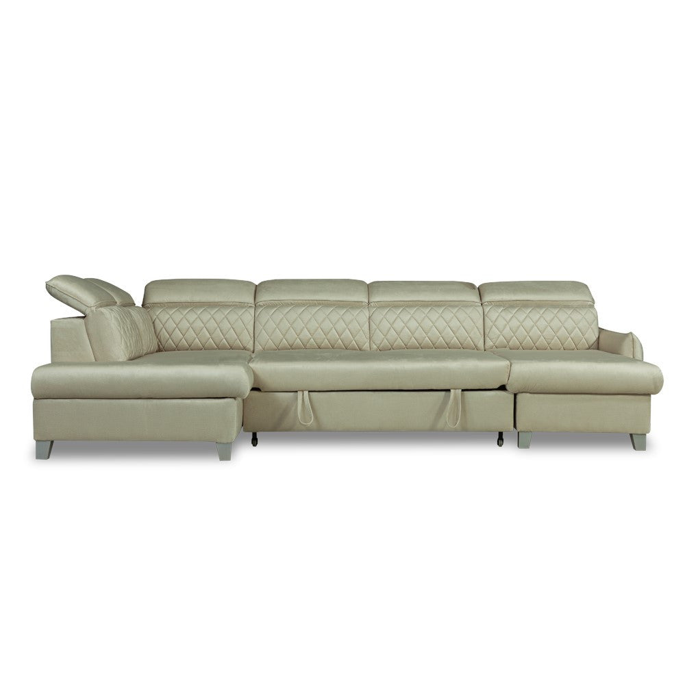 Coltar U Extensibil Cu Lada Tiago, Stanga, 6 Locuri, Tetiere Reglabile, Crem 330 Cm