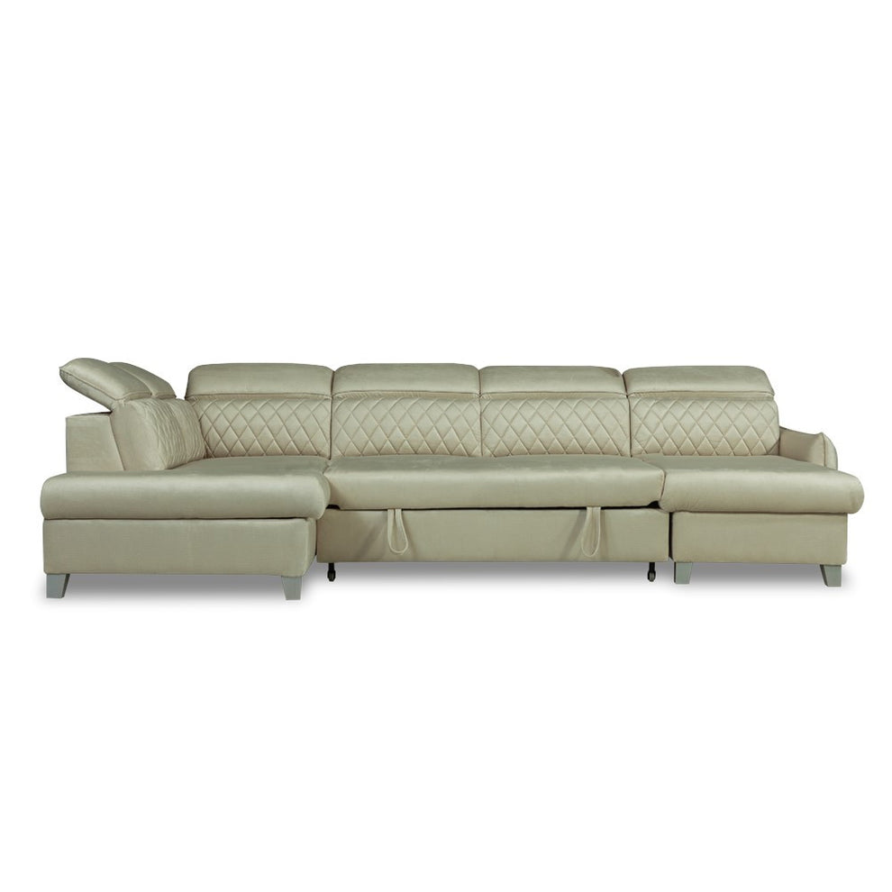 Coltar U Extensibil Cu Lada Tiago, Stanga, 6 Locuri, Tetiere Reglabile, Crem 330 Cm