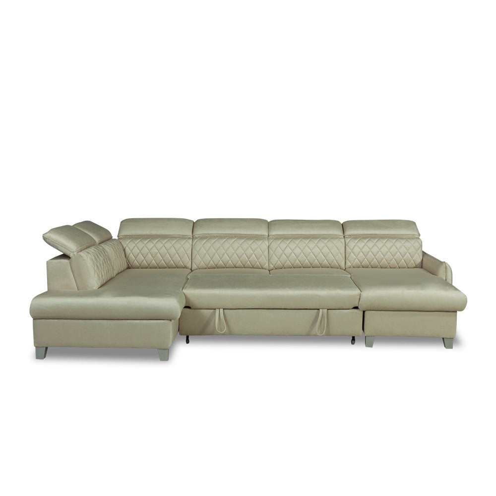 Coltar U Extensibil Cu Lada Tiago, Stanga, 6 Locuri, Tetiere Reglabile, Crem 330 Cm