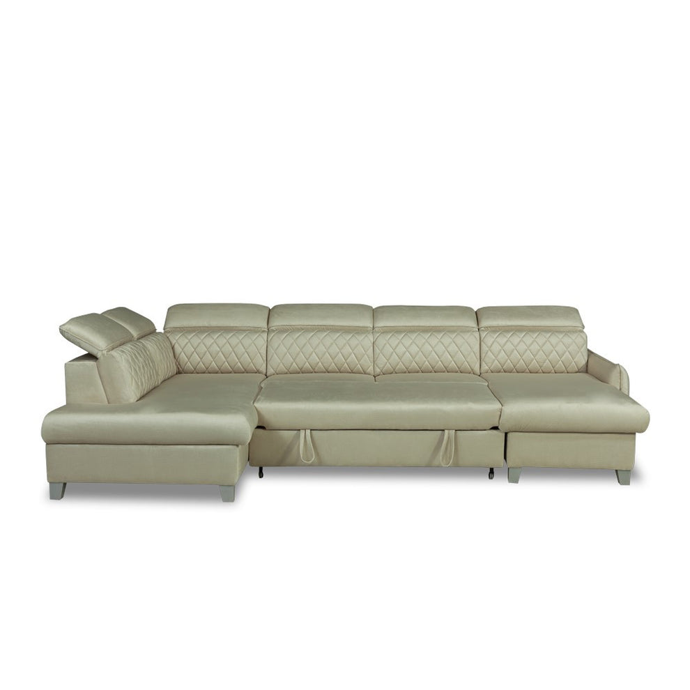 Coltar U Extensibil Cu Lada Tiago, Stanga, 6 Locuri, Tetiere Reglabile, Crem 330 Cm