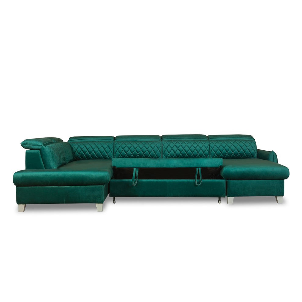 Coltar U Extensibil Tiago, Stanga, 6 Locuri, Tetiere Reglabile, Verde 330 Cm