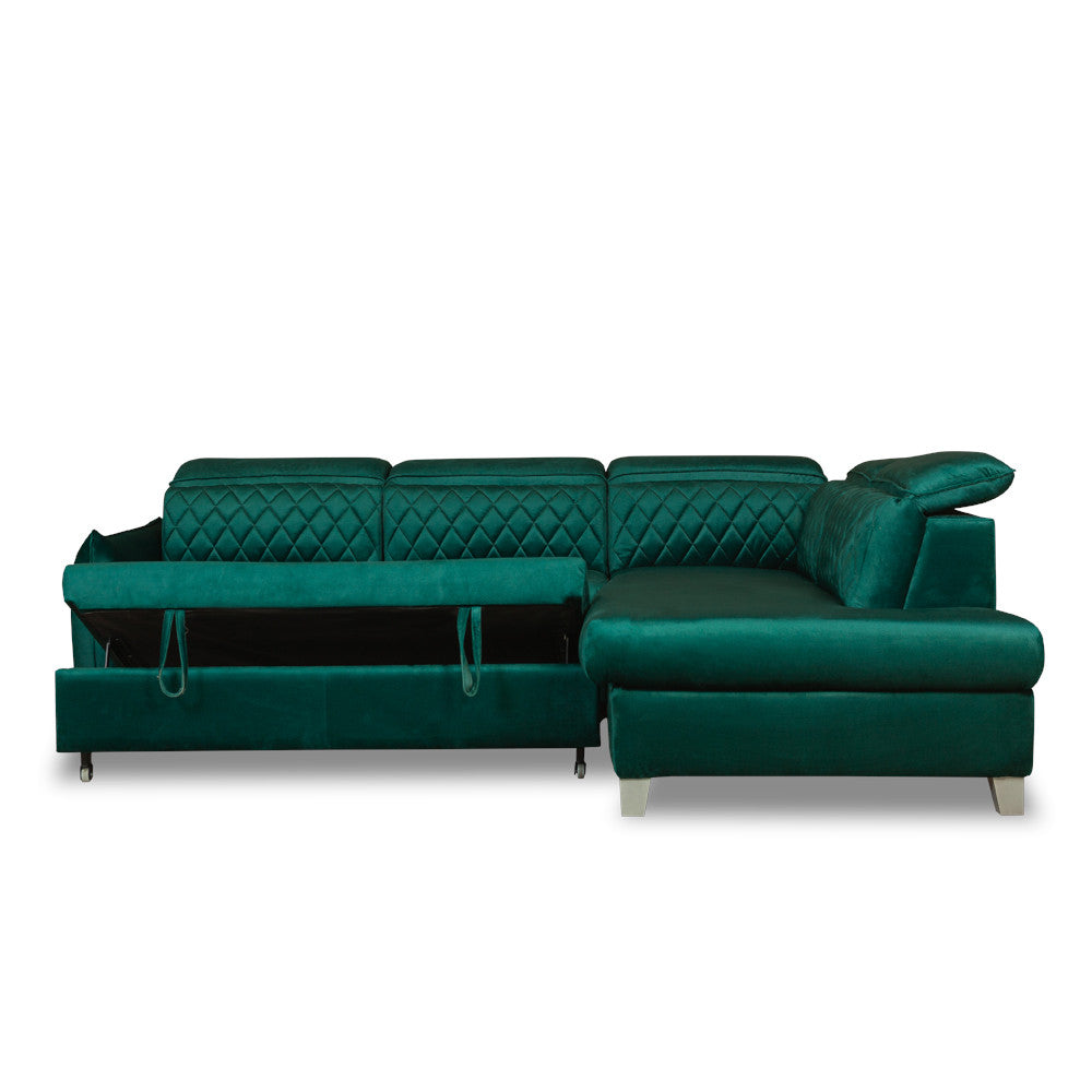 Coltar Extensibil Cu Otoman Dreapta Tiago, 5 Locuri, Tetiere Reglabile, Verde, 255 Cm