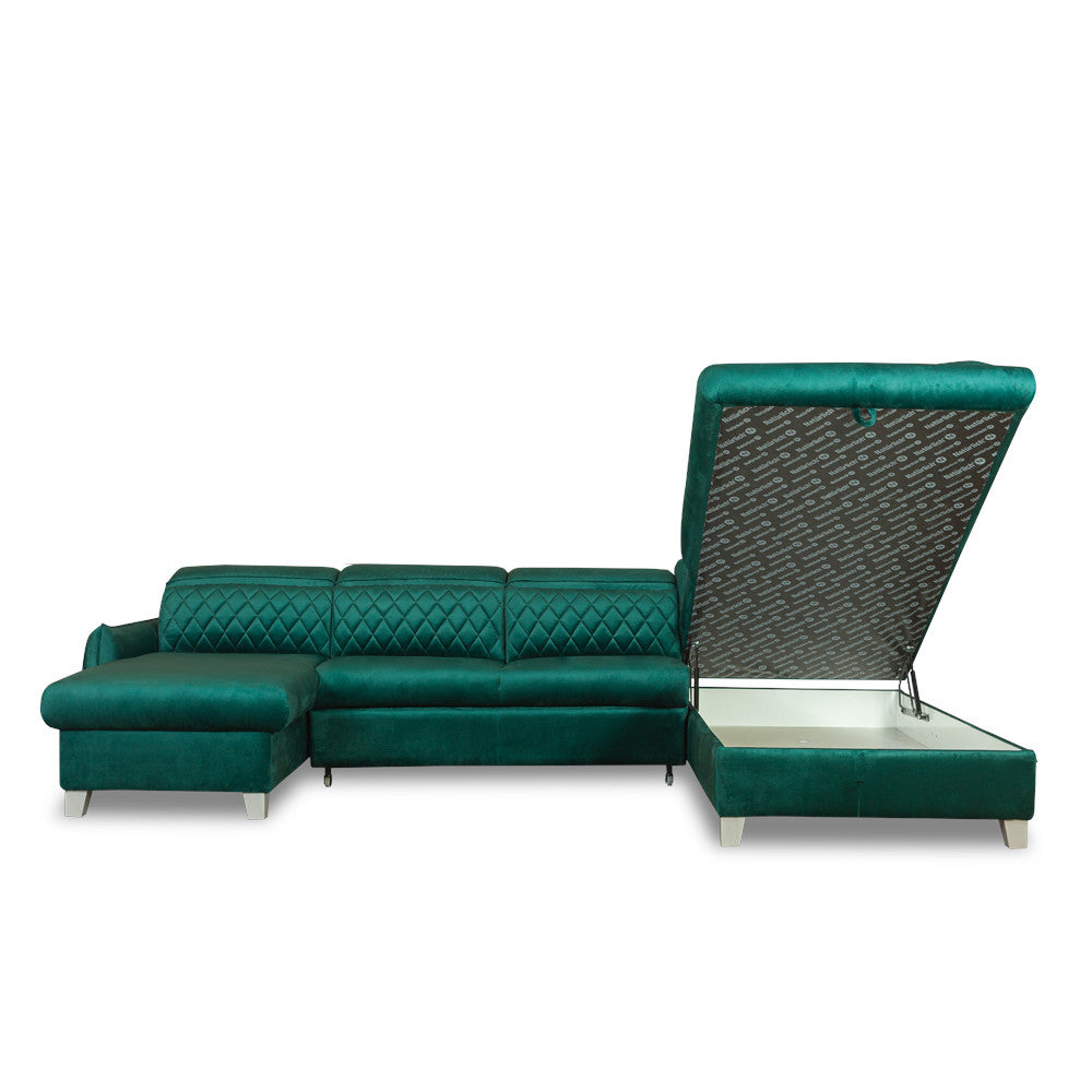 Coltar U Extensibil Cu Lada Tiago, Dreapta, 6 Locuri, Tetiere Reglabile, Verde 330 Cm