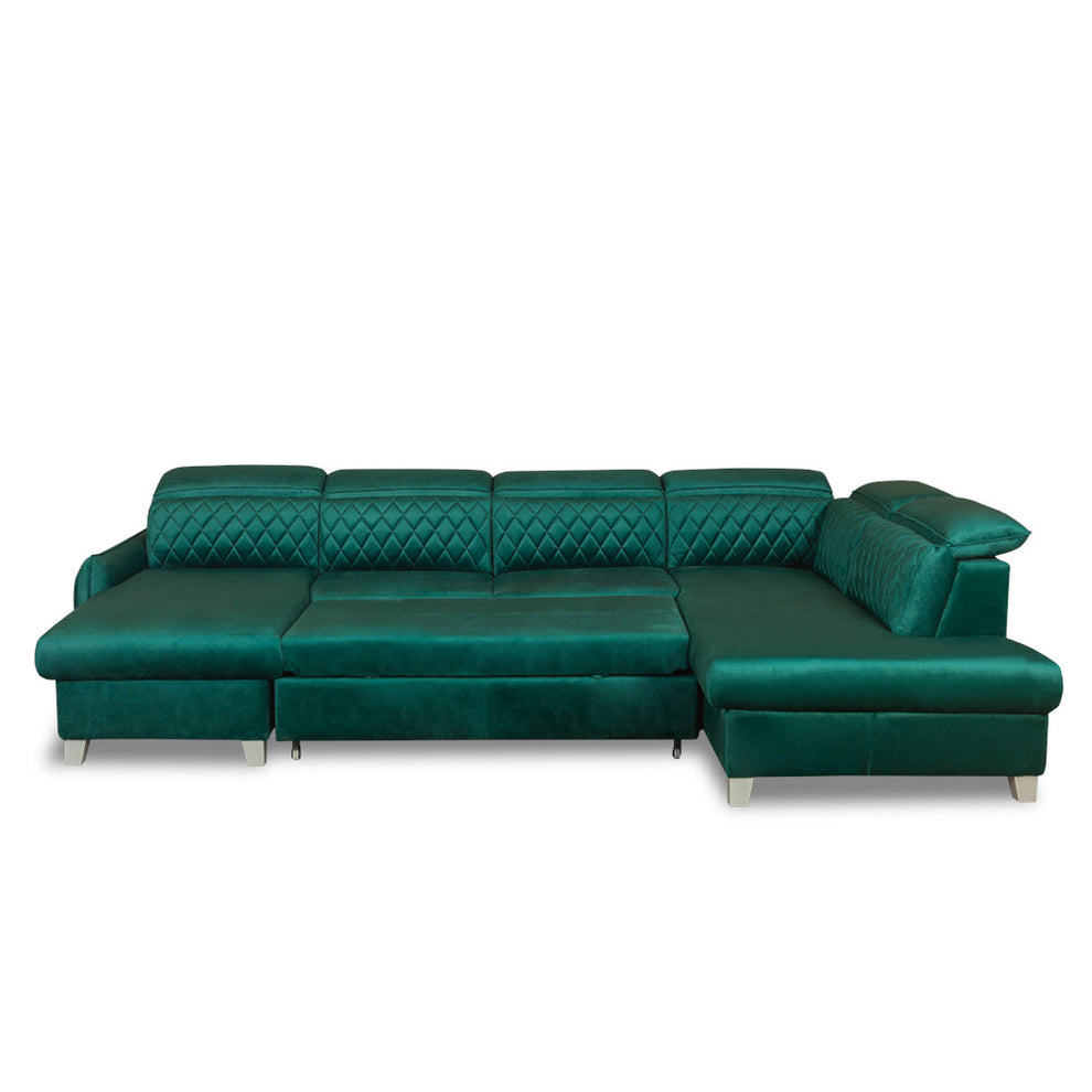 Coltar U Extensibil Cu Lada Tiago, Dreapta, 6 Locuri, Tetiere Reglabile, Verde 330 Cm