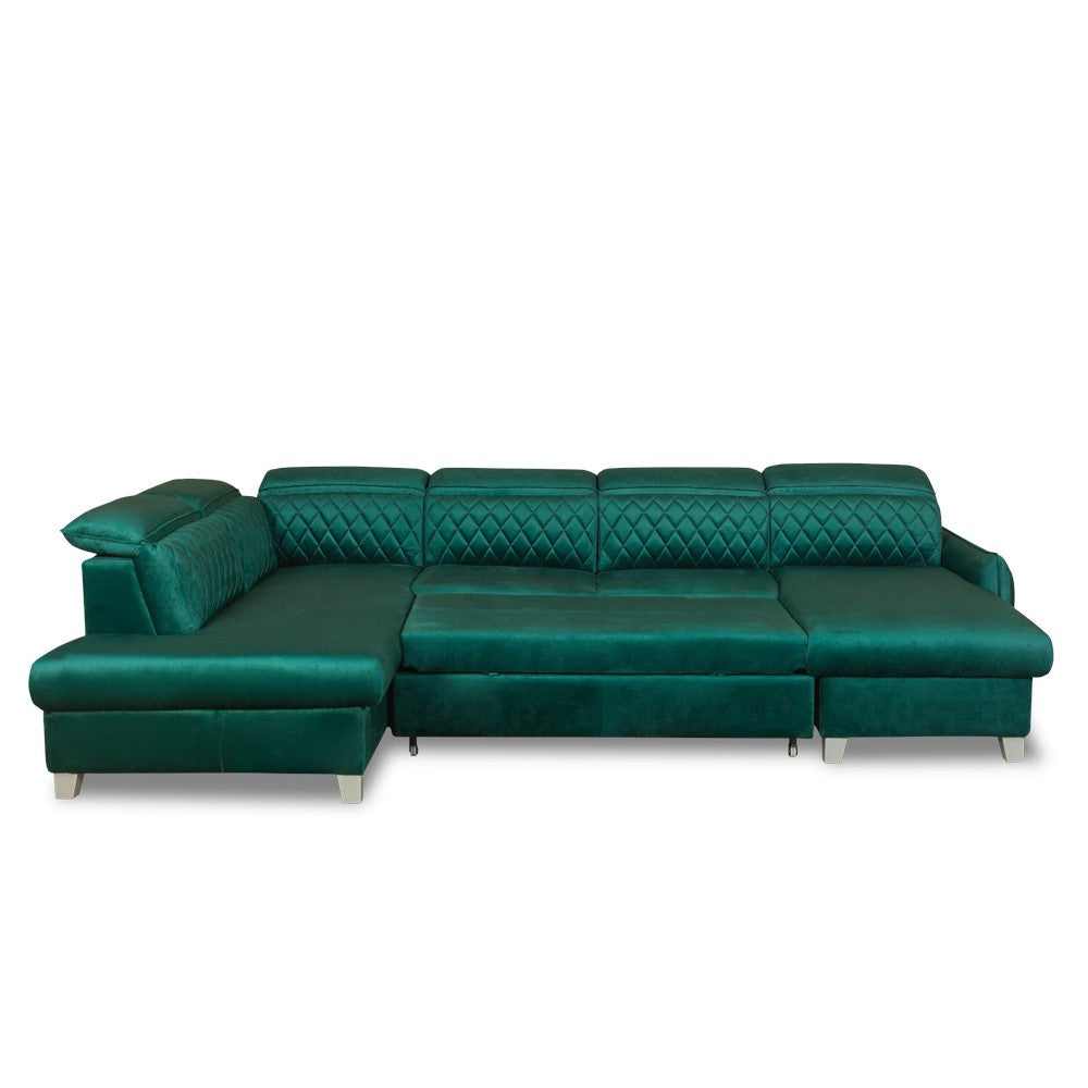 Coltar U Extensibil Cu Lada Tiago, Stanga, 6 Locuri, Tetiere Reglabile, Verde 330 Cm MONOLITH 37
