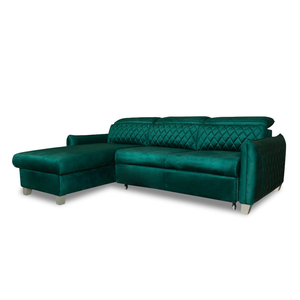 Coltar Extensibil Cu Insula Stanga Cu Lada Tiago, 5 Locuri, Tetiere Reglabile, Verde, 243 Cm