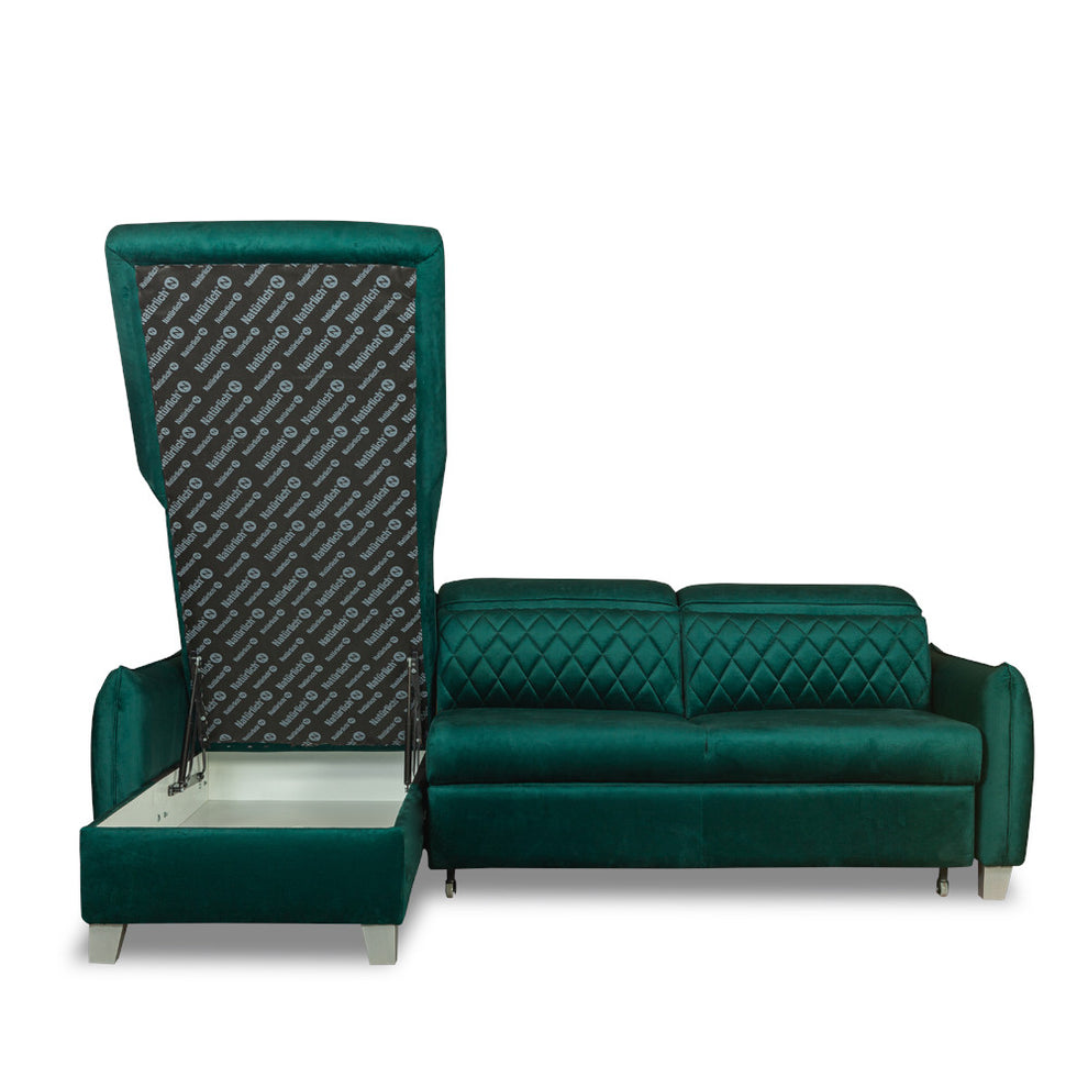 Coltar Extensibil Cu Insula Stanga Cu Lada Tiago, 5 Locuri, Tetiere Reglabile, Verde, 243 Cm
