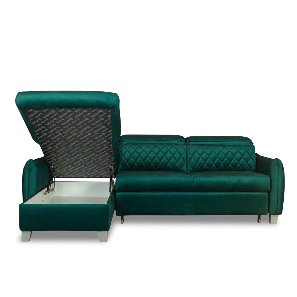 Coltar Extensibil Cu Insula Stanga Cu Lada Tiago, 5 Locuri, Tetiere Reglabile, Verde, 243 Cm