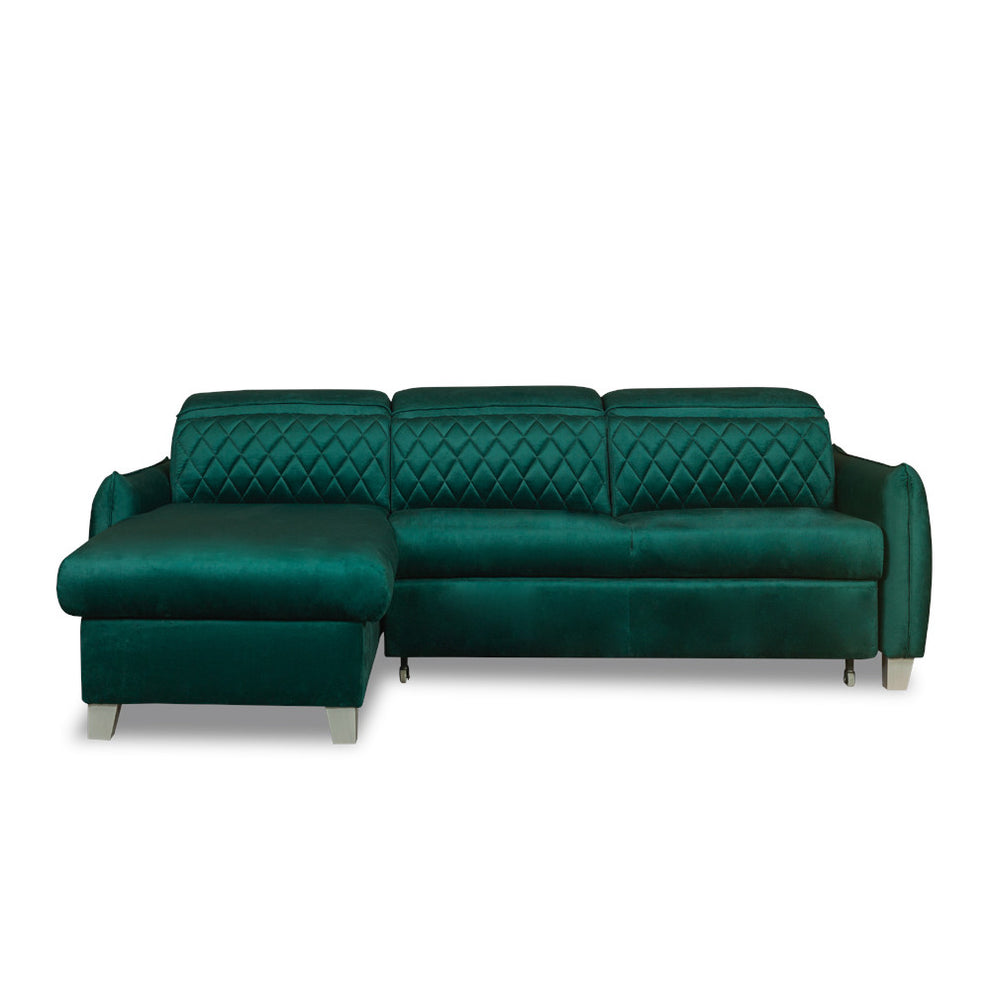 Coltar Extensibil Cu Insula Stanga Cu Lada Tiago, 5 Locuri, Tetiere Reglabile, Verde, 243 Cm