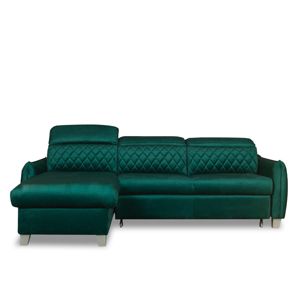 Coltar Extensibil Cu Insula Stanga Cu Lada Tiago, 5 Locuri, Tetiere Reglabile, Verde, 243 Cm