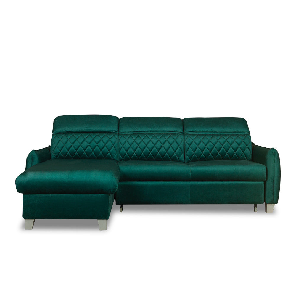 Coltar Extensibil Cu Insula Stanga Cu Lada Tiago, 5 Locuri, Tetiere Reglabile, Verde, 243 Cm