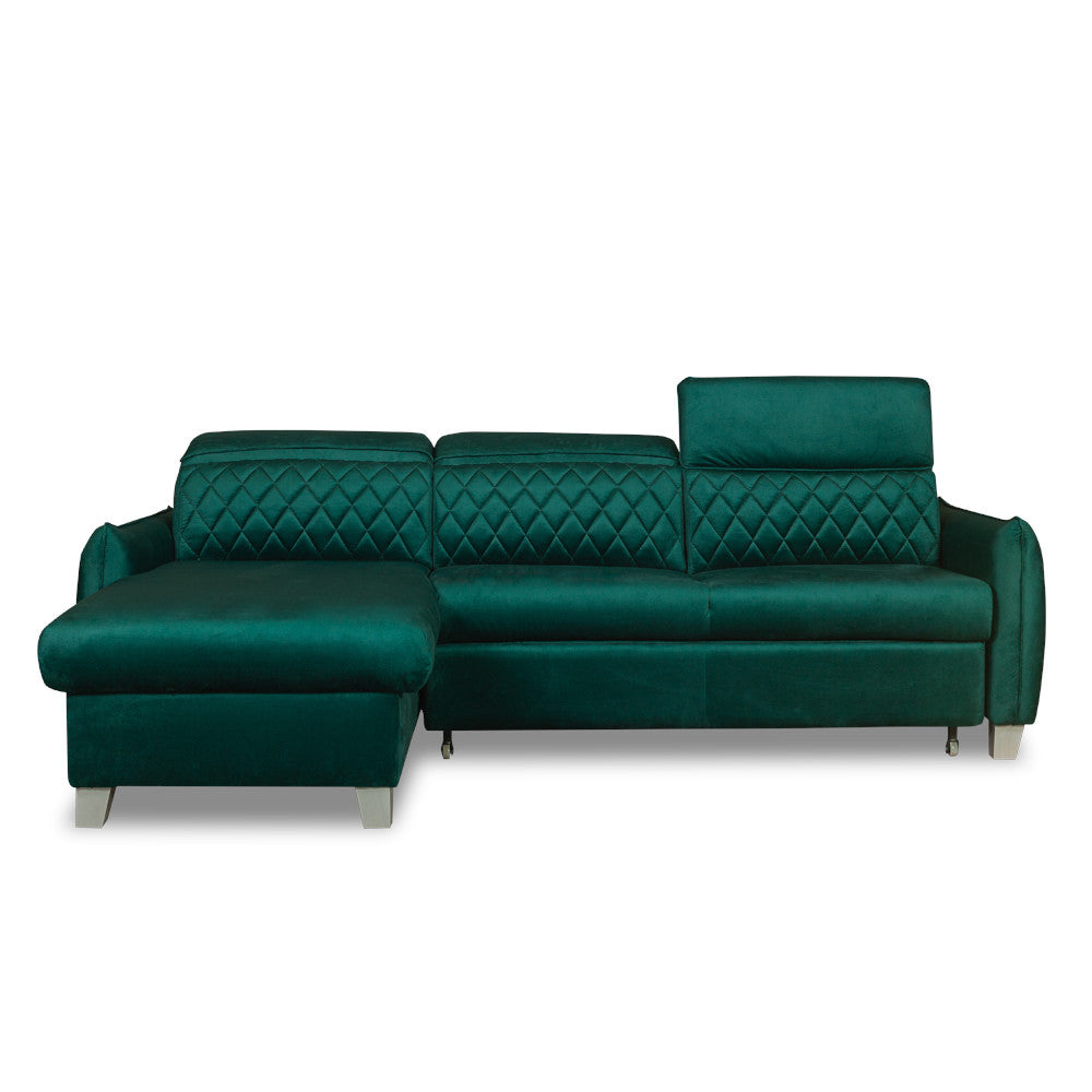 Coltar Extensibil Cu Insula Stanga Cu Lada Tiago, 5 Locuri, Tetiere Reglabile, Verde, 243 Cm