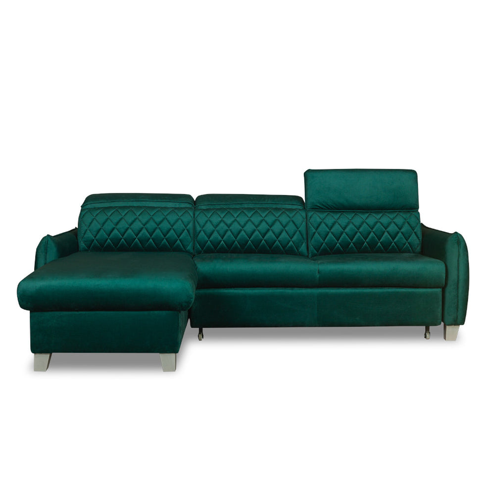 Coltar Extensibil Cu Insula Stanga Cu Lada Tiago, 5 Locuri, Tetiere Reglabile, Verde, 243 Cm