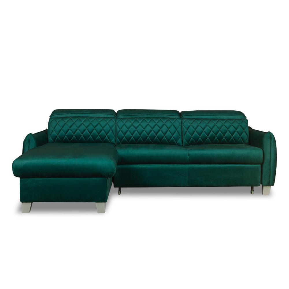 Coltar Extensibil Cu Insula Stanga Cu Lada Tiago, 5 Locuri, Tetiere Reglabile, Verde, 243 Cm