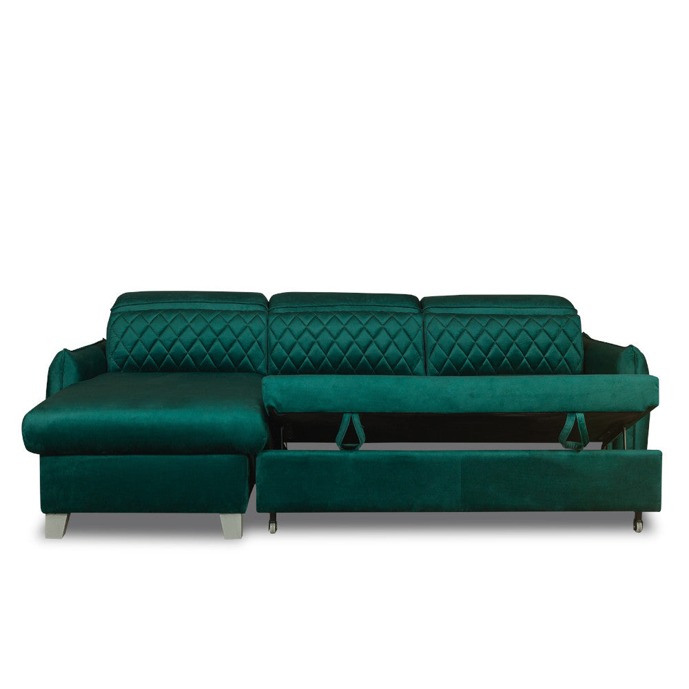 Coltar Extensibil Cu Insula Stanga Cu Lada Tiago, 5 Locuri, Tetiere Reglabile, Verde, 243 Cm