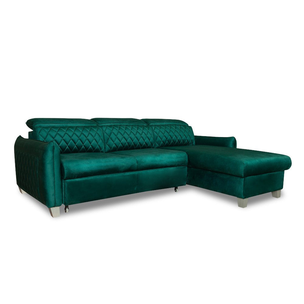 Coltar Extensibil Cu Insula Dreapta Cu Lada Tiago, 5 Locuri, Tetiere Reglabile, Verde, 243 Cm