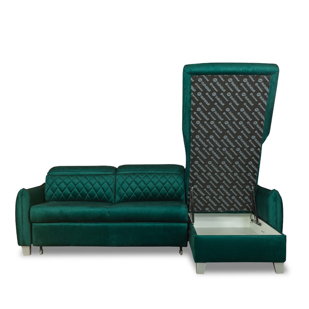 Coltar Extensibil Cu Insula Dreapta Cu Lada Tiago, 5 Locuri, Tetiere Reglabile, Verde, 243 Cm