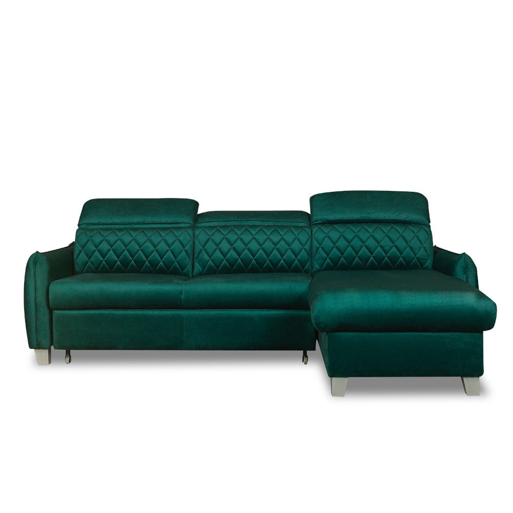 Coltar Extensibil Cu Insula Dreapta Cu Lada Tiago, 5 Locuri, Tetiere Reglabile, Verde, 243 Cm