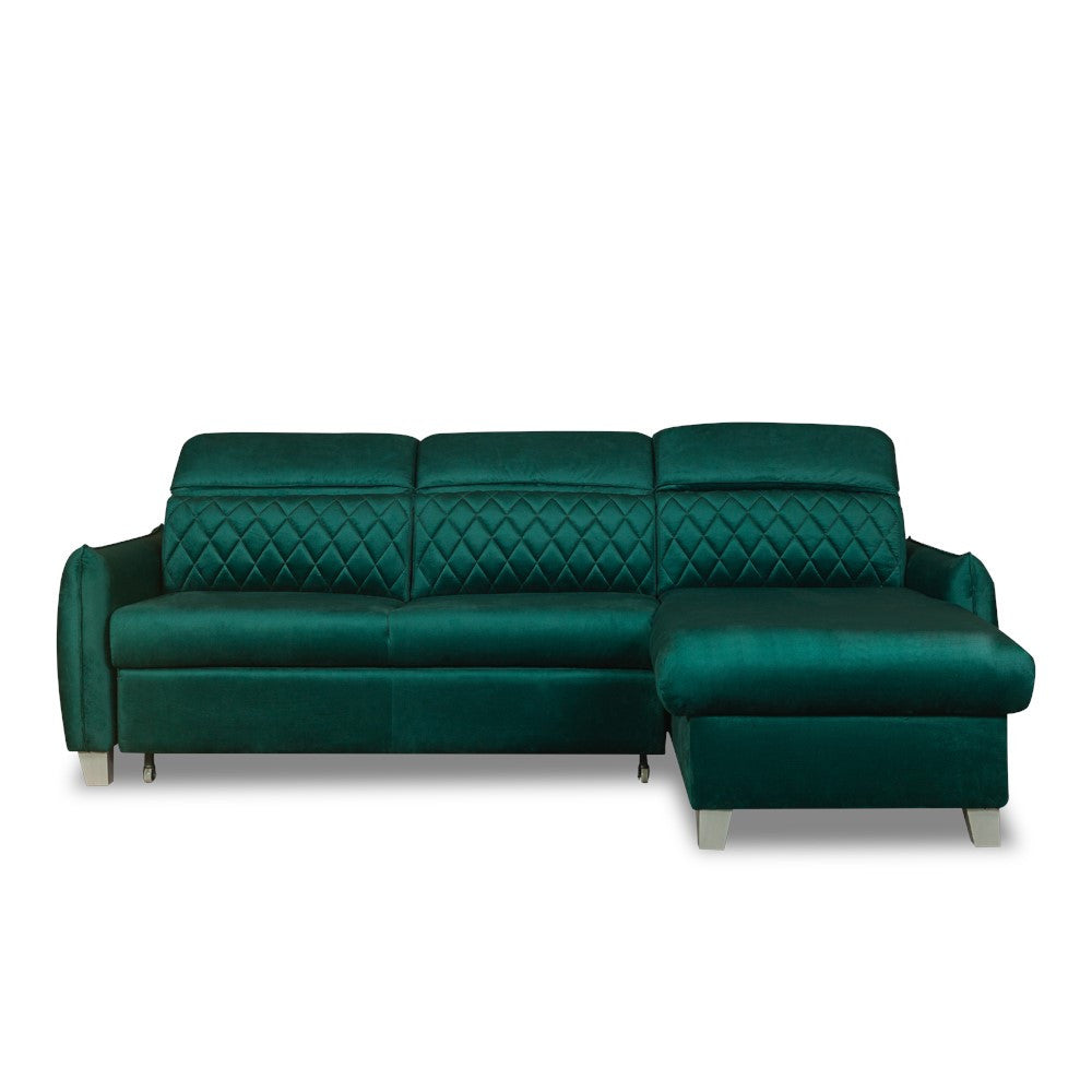 Coltar Extensibil Cu Insula Dreapta Cu Lada Tiago, 5 Locuri, Tetiere Reglabile, Verde, 243 Cm
