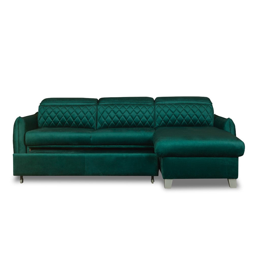 Coltar Extensibil Cu Insula Dreapta Cu Lada Tiago, 5 Locuri, Tetiere Reglabile, Verde, 243 Cm