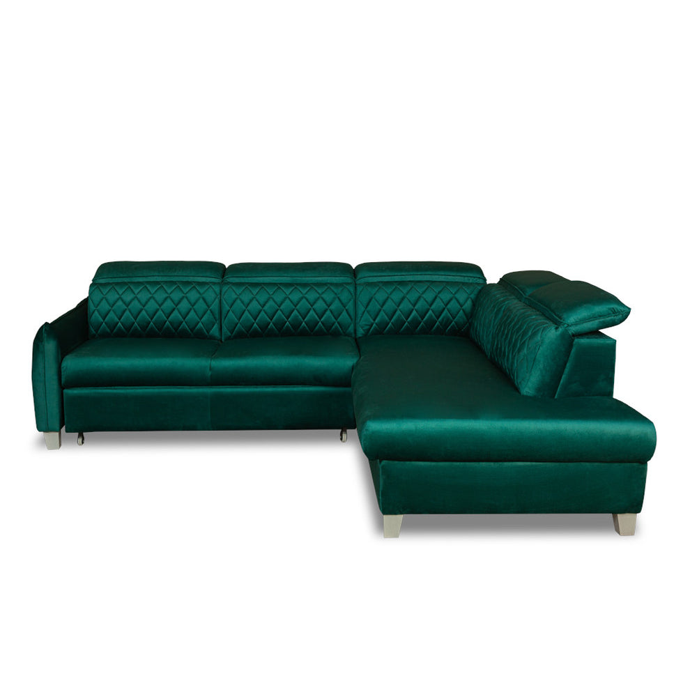 Coltar Extensibil Cu Otoman Dreapta Cu Lada Tiago, 5 Locuri, Tetiere Reglabile, Verde, 255 Cm