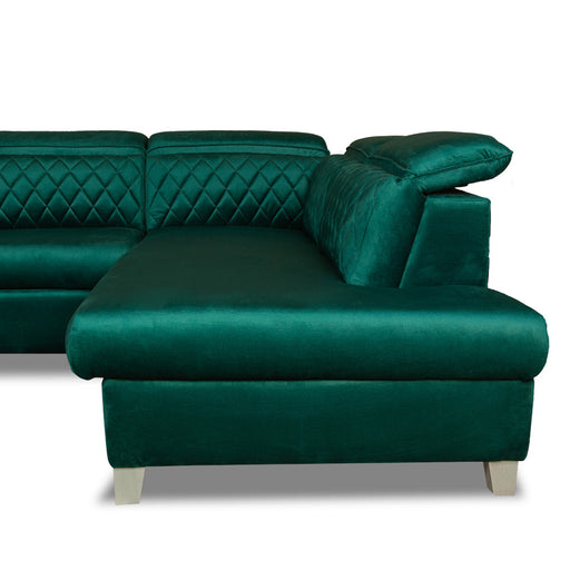 Coltar Extensibil Cu Otoman Dreapta Cu Lada Tiago, 5 Locuri, Tetiere Reglabile, Verde, 255 Cm