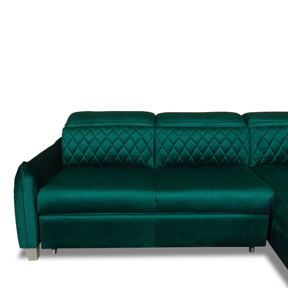 Coltar Extensibil Cu Otoman Dreapta Cu Lada Tiago, 5 Locuri, Tetiere Reglabile, Verde, 255 Cm