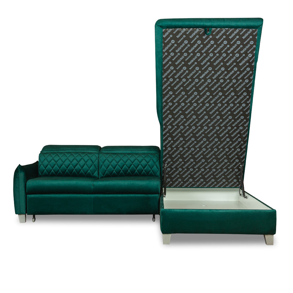 Coltar Extensibil Cu Otoman Dreapta Cu Lada Tiago, 5 Locuri, Tetiere Reglabile, Verde, 255 Cm