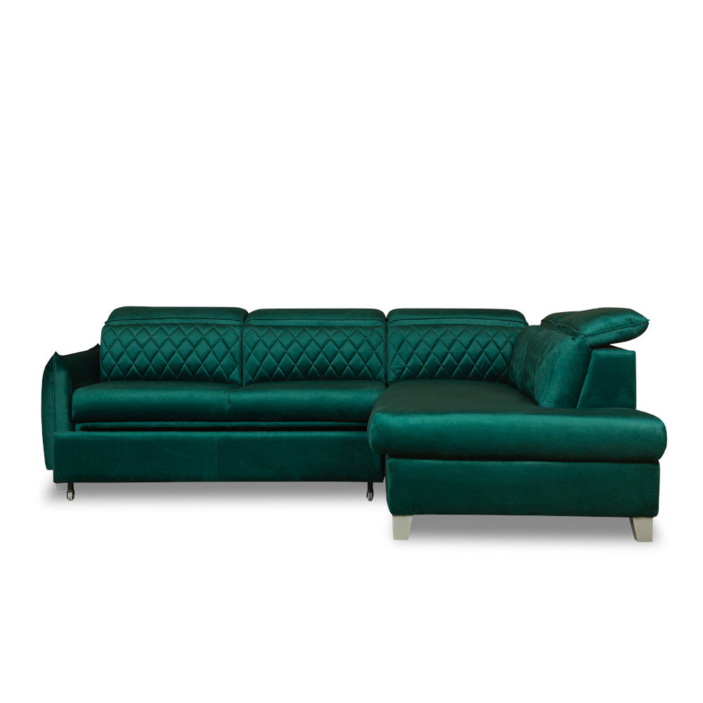 Coltar Extensibil Cu Otoman Dreapta Cu Lada Tiago, 5 Locuri, Tetiere Reglabile, Verde, 255 Cm