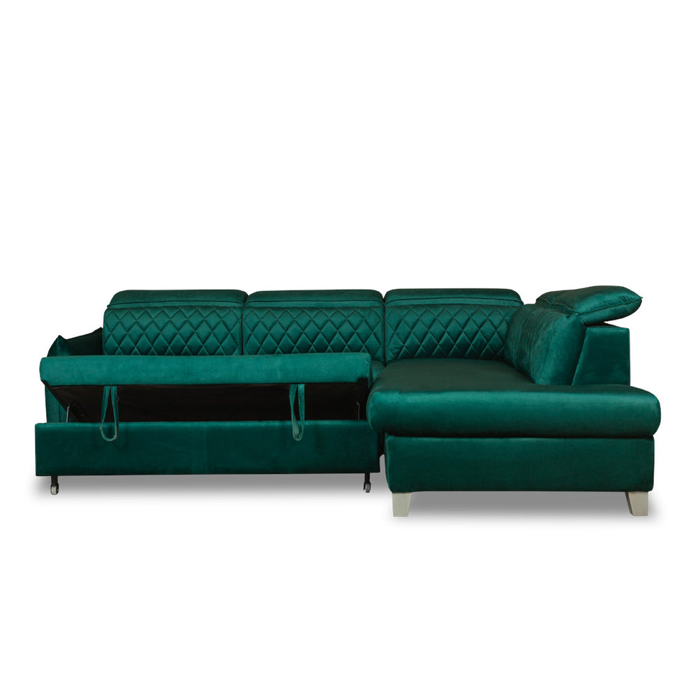 Coltar Extensibil Cu Otoman Dreapta Cu Lada Tiago, 5 Locuri, Tetiere Reglabile, Verde, 255 Cm