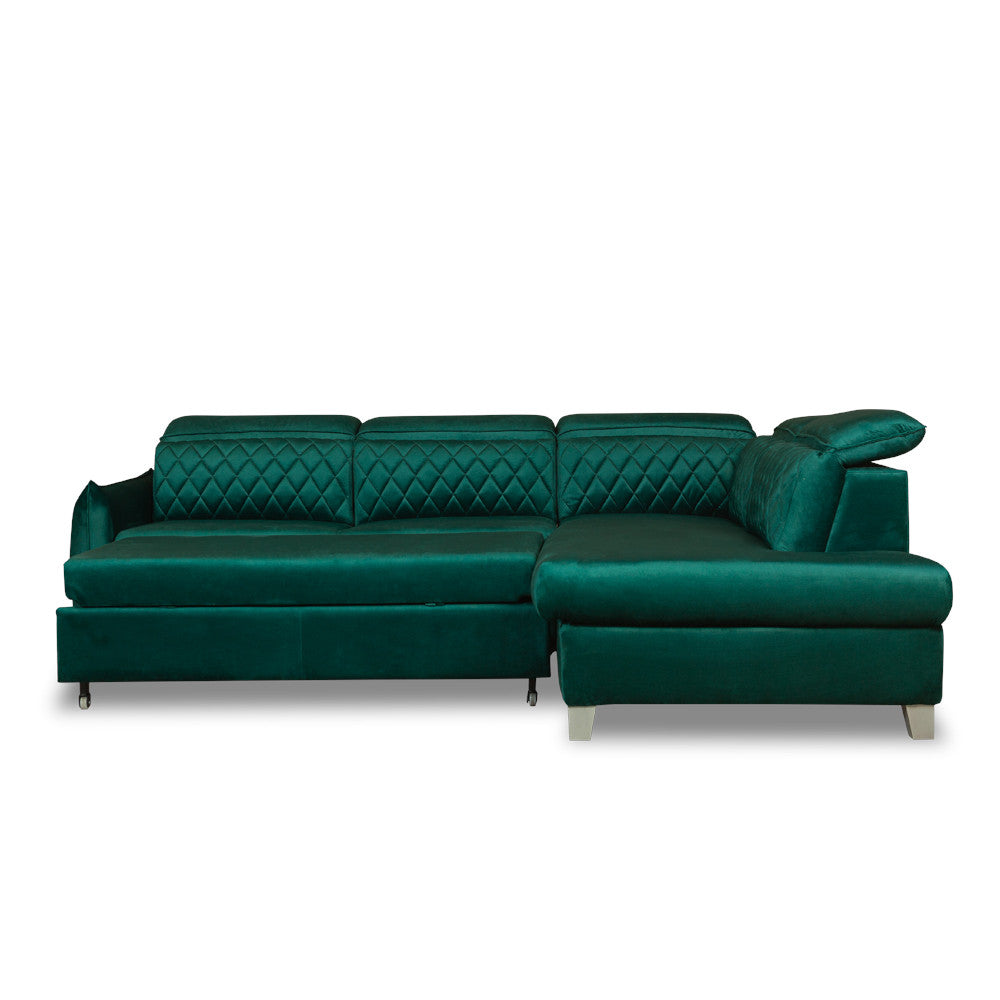 Coltar Extensibil Cu Otoman Dreapta Cu Lada Tiago, 5 Locuri, Tetiere Reglabile, Verde, 255 Cm