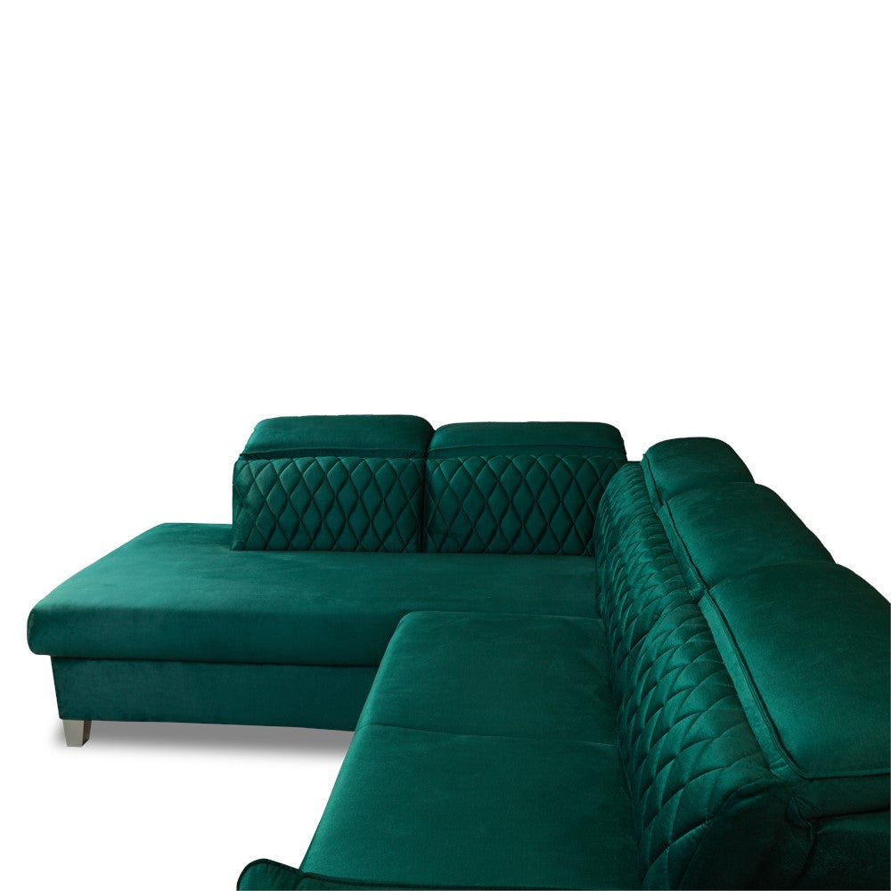 Coltar Extensibil Cu Otoman Stanga Cu Lada Tiago, 5 Locuri, Tetiere Reglabile, Verde, 255 Cm
