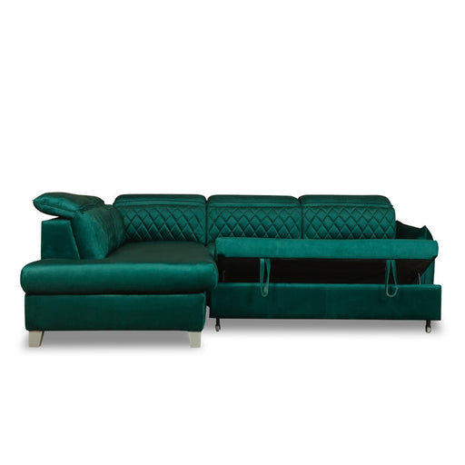 Coltar Extensibil Cu Otoman Stanga Cu Lada Tiago, 5 Locuri, Tetiere Reglabile, Verde, 255 Cm