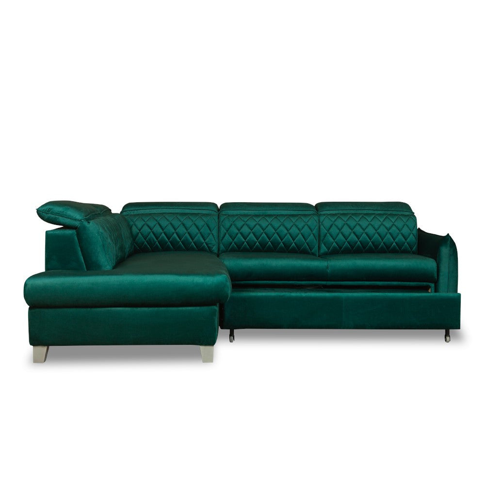 Coltar Extensibil Cu Otoman Stanga Cu Lada Tiago, 5 Locuri, Tetiere Reglabile, Verde, 255 Cm