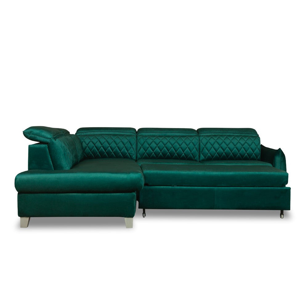 Coltar Extensibil Cu Otoman Stanga Cu Lada Tiago, 5 Locuri, Tetiere Reglabile, Verde, 255 Cm