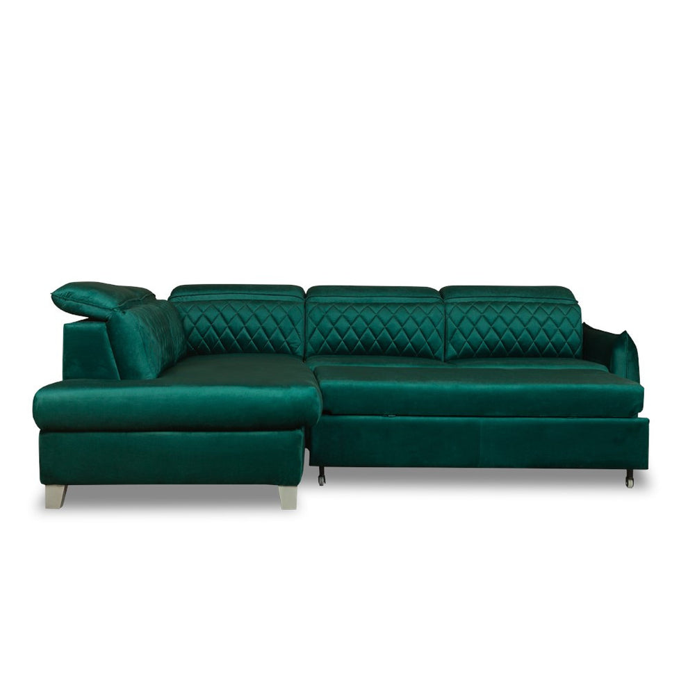 Coltar Extensibil Cu Otoman Stanga Cu Lada Tiago, 5 Locuri, Tetiere Reglabile, Verde, 255 Cm