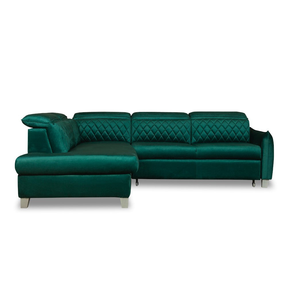 Coltar Extensibil Cu Otoman Stanga Cu Lada Tiago, 5 Locuri, Tetiere Reglabile, Verde, 255 Cm
