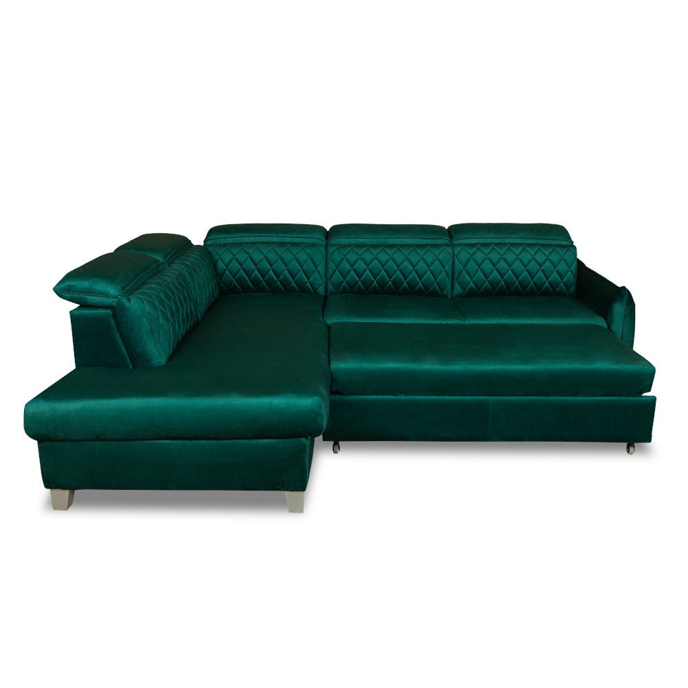 Coltar Extensibil Cu Otoman Stanga Cu Lada Tiago, 5 Locuri, Tetiere Reglabile, Verde, 255 Cm