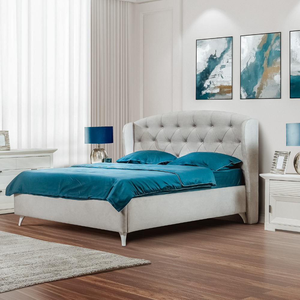 Set Dormitor Verona Bianco Cu Pat Tapitat, Dimensiune saltea 160 X 200 Cm, 2 Noptiere Si Dulap