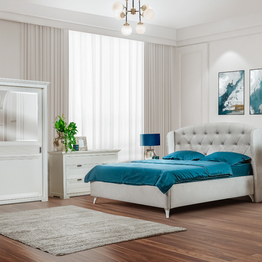 Set Dormitor Verona Bianco Cu Pat Tapitat, Dimensiune saltea 160 X 200 Cm, 2 Noptiere Si Dulap