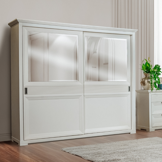 Set Dormitor Verona Bianco Cu Pat Tapitat, Dimensiune saltea 160 X 200 Cm, 2 Noptiere Si Dulap