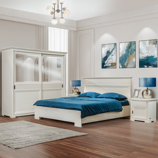 Set Dormitor Verona Bianco, Pat Cu Dimensiune saltea 160 X 200 Cm, 2 Noptiere Si Dulap