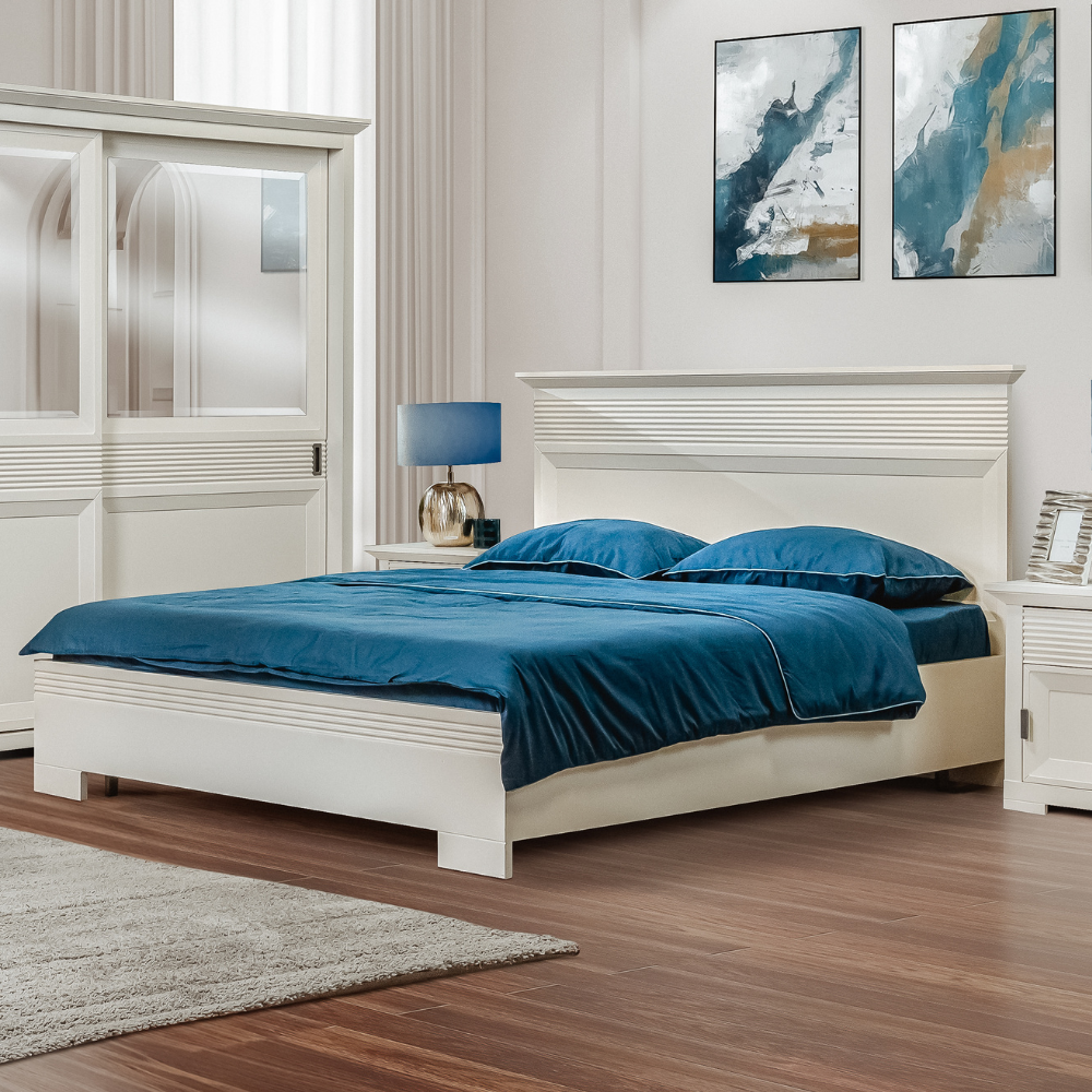 Set Dormitor Verona Bianco, Pat Cu Dimensiune saltea 160 X 200 Cm, 2 Noptiere Si Dulap