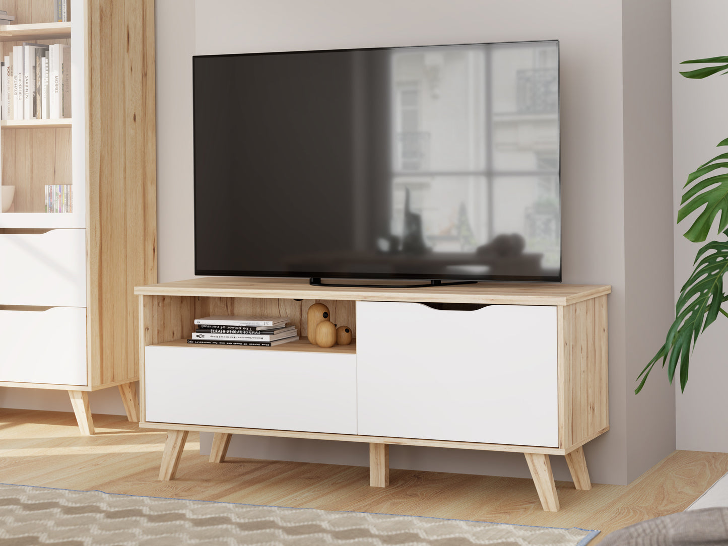 Comoda TV Mica Cu 1 Usa Si 1 Sertar Vankka, Stejar Pardosit Si Alb, 124.4 Cm