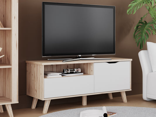 Comoda TV Mica Cu 1 Usa Si 1 Sertar Vankka, Stejar Pardosit Si Alb, 124.4 Cm
